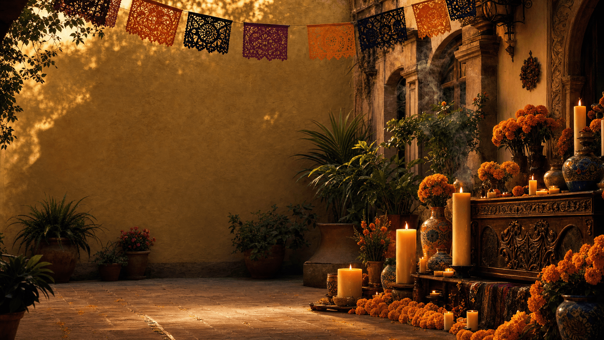 A warm candle-lit Mexican courtyard at golden hour with marigolds, papel picado banners, and old plaster walls, celebrating Día de los Muertos