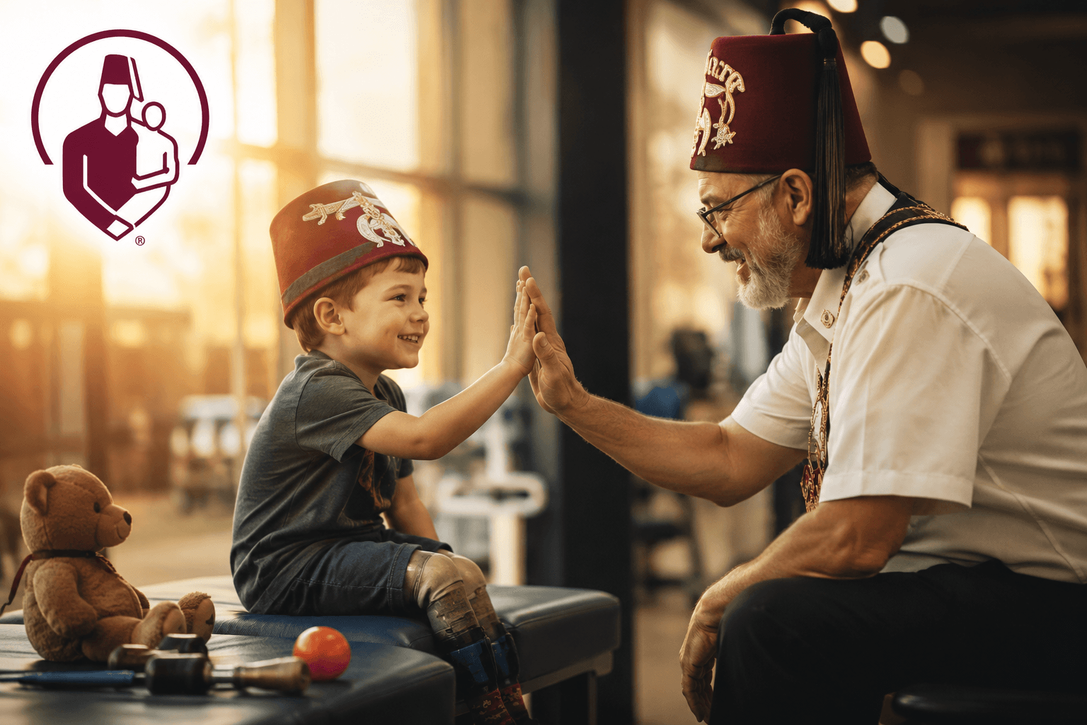 A joyful child high-fiving a Shriners Children's member, warm golden light, with the Shriners Children's logo visible in the frame