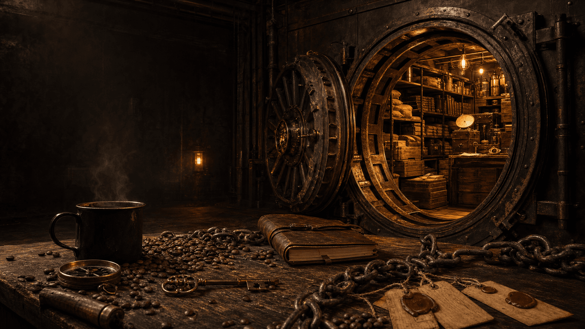 An open antique steel vault door glowing with warm amber light inside an old industrial roastery, brass key and leather journal on a wooden workbench in the foreground